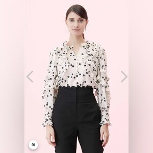 Rebecca Taylor Alessandra Embroidered Blouse Size 2 Cream Floral Black Ruffle